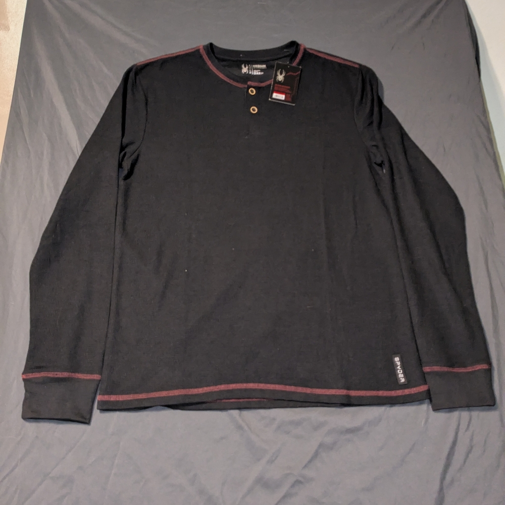 Spyder Black Long-Sleeve Henley with Burgundy Contrast Trim